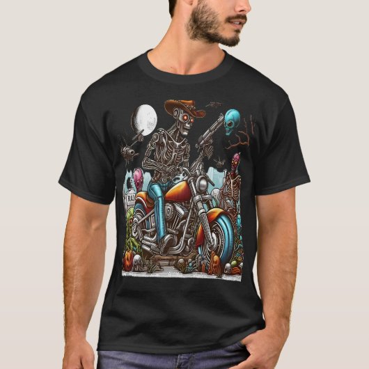 Skeleton Biker in Post-Apocalyptic World Tシャツ (正面)
