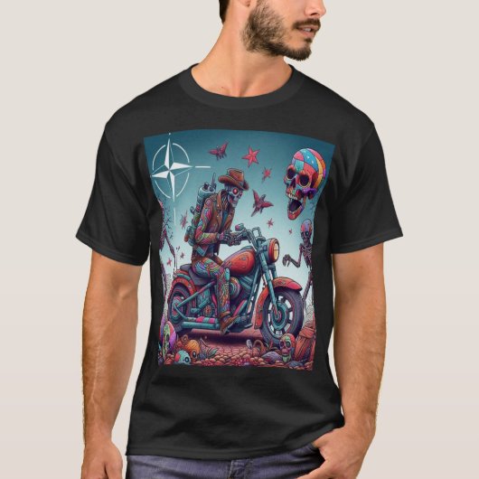 Skeleton Biker in Surreal Psychedelic World Tシャツ (正面)