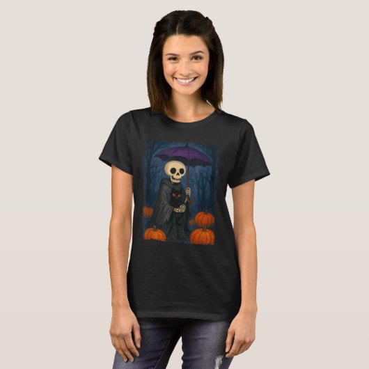 Skeleton Black Cat Purple Umbrella Pumpkin Hallowe Tシャツ (正面フル)