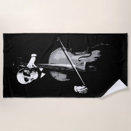Skeleton Cellist Dark Minimal Illustration ビーチタオル