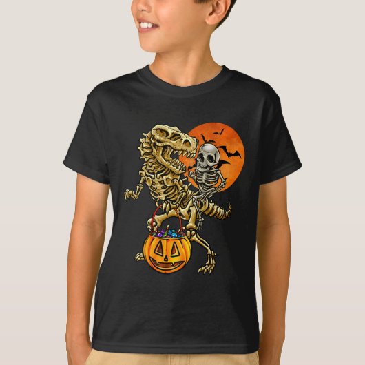 Skeleton Dinosaur Halloween Pumpkin For Boys Kids  Tシャツ (正面)