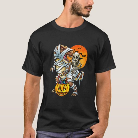 Skeleton Dinosaur rex Boys Halloween Mummy  Pumpki Tシャツ (正面)