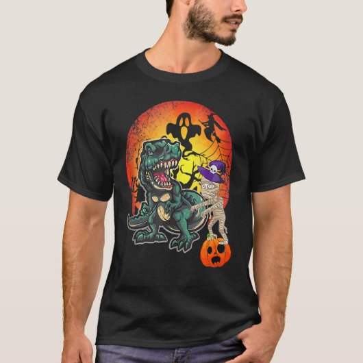 Skeleton Dinosaur rex Boys Halloween Mummy  Pumpki Tシャツ (正面)