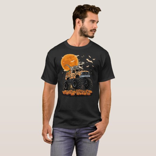 Skeleton Dinosaur T-rex Riding Monster Truck Hallo Tシャツ (正面フル)