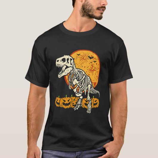 Skeleton Dinosaur Trex Dino Pumpkins Moon Boys Hal Tシャツ (正面)