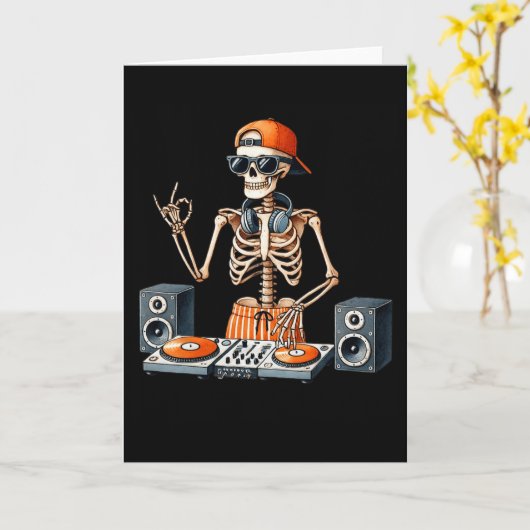 Skeleton Dj Halloween Costume Turntable Music Funn カード (黄色い花)