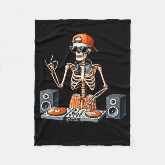 Skeleton Dj Halloween Costume Turntable Music Funn フリースブランケット (正面)