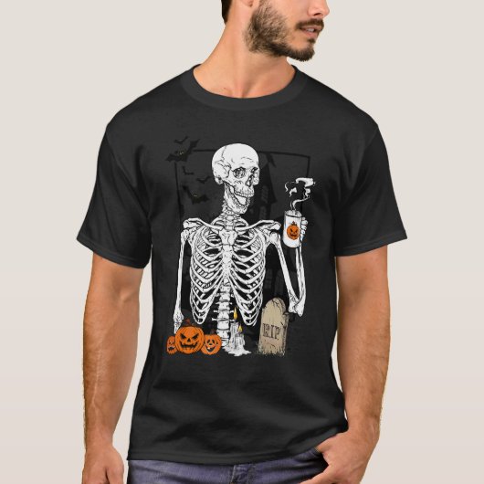 Skeleton Drinking Coffee Halloween Skull 1 Tシャツ (正面)