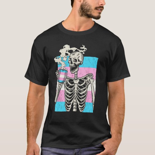Skeleton Drinking Coffee LGBT Q Transgender Pride  Tシャツ (正面)