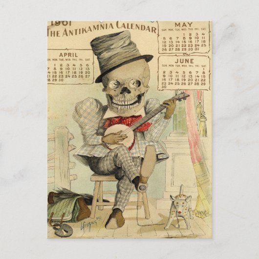 SKELETON Dude,ゴシック, Banjo Player, 1901年カレンダー ポストカード (正面)