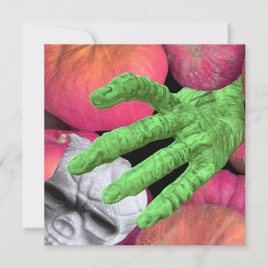 Skeleton fingers & skull &  pumpkins for Halloween 招待状 (正面)