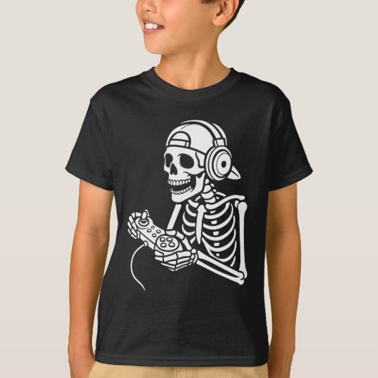 Skeleton Gamer Funny Video Gaming Controller Headp Tシャツ (正面)