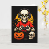 Skeleton Gamer Playing Video Games Halloween Spook カード (黄色い花)