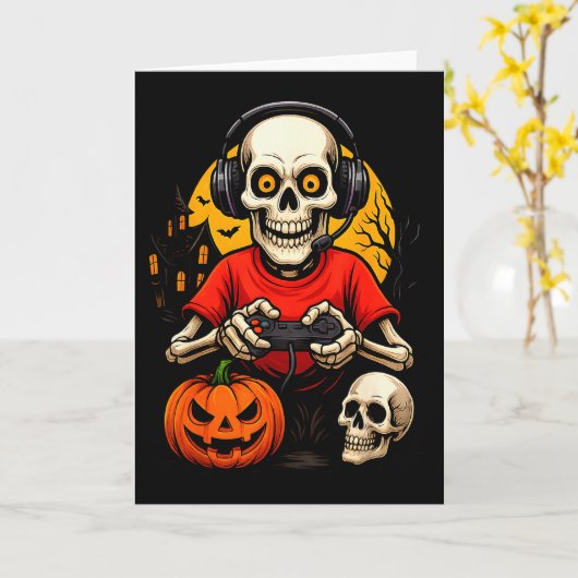 Skeleton Gamer Playing Video Games Halloween Spook カード (黄色い花)