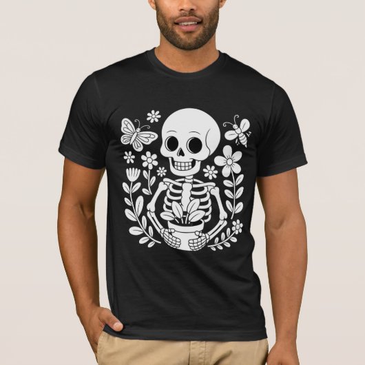 Skeleton Gardener Art Whimsical Flower Pot  Tシャツ (正面)