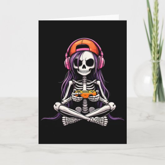 Skeleton Girl Gamer Funny Halloween Costume Spooky カード (正面)