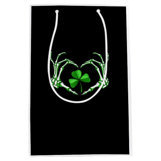Skeleton Hand Heart Shamrock St Patricks Day Paddy ミディアムペーパーバッグ (正面)