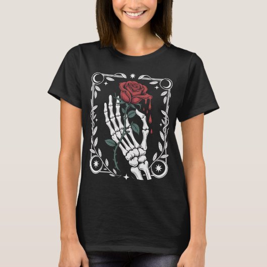 Skeleton Hand Holding Rose Gothic T-Shirt for Dark Tシャツ (正面)