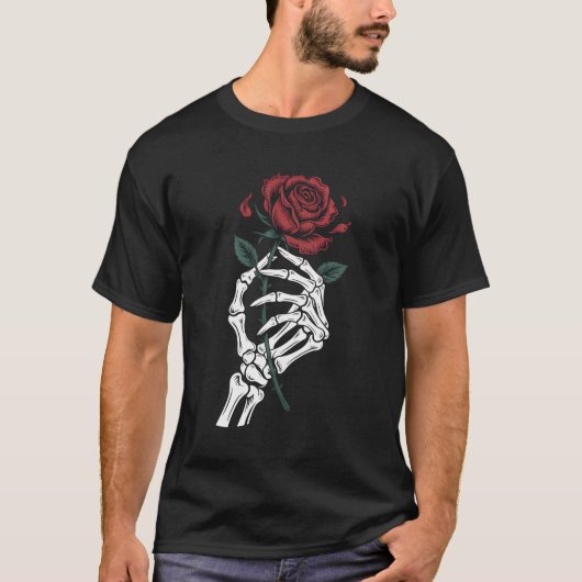 Skeleton Hand Holding Rose Gothic T-Shirt for Dark Tシャツ (正面)