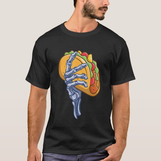 Skeleton Hand Holding Taco Dia de Los Muertos Hall Tシャツ (正面)