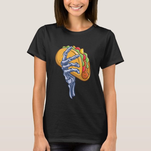 Skeleton Hand Holding Taco Dia de Los Muertos Hall Tシャツ (正面)