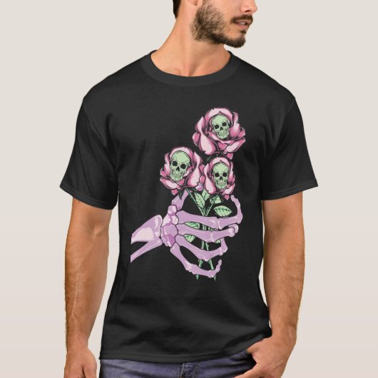 Skeleton Hand Skull Pastel Roses Graphic Valentine Tシャツ (正面)