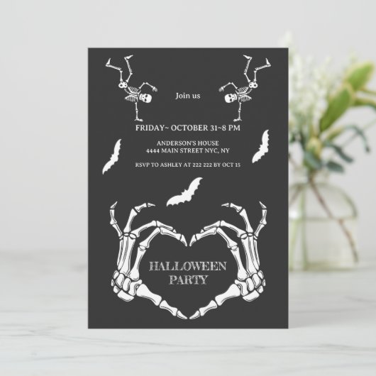 Skeleton Hands Heart with Dancing Skeletons & Bats 招待状 (スタンド正面)