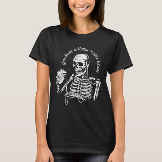Skeleton Headphones Heart Gothic Music Halloween S Tシャツ (正面)
