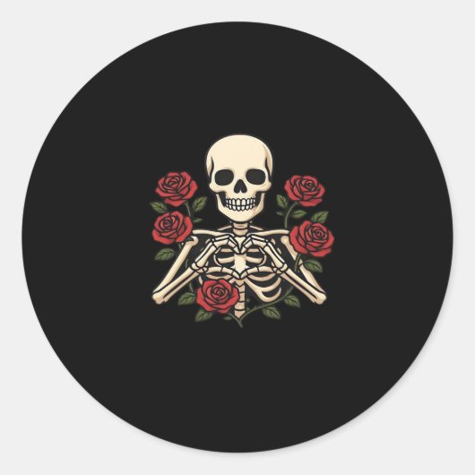 Skeleton Heart Hands With Red Roses – Romantic Got ラウンドシール (正面)