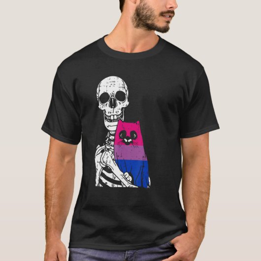 Skeleton Holding A Cat Bisexual LGBT-Q Pride Rainb Tシャツ (正面)