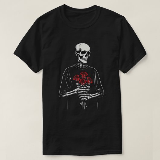 Skeleton Holding Red Roses – Dark Love Valentine  Tシャツ (デザイン正面)