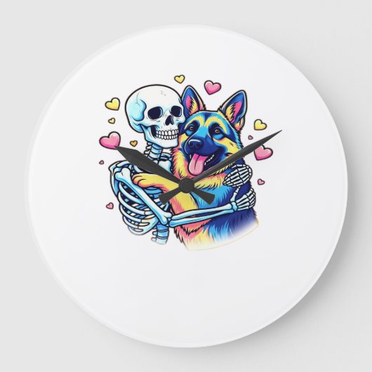 Skeleton Hugging a German Shepherd � Unique Gothic ラージ壁時計 (正面)