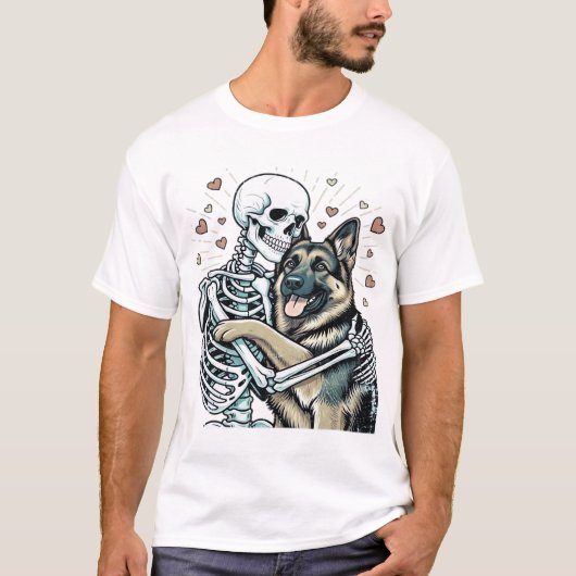 Skeleton Hugging a German Shepherd � Unique Gothic Tシャツ (正面)
