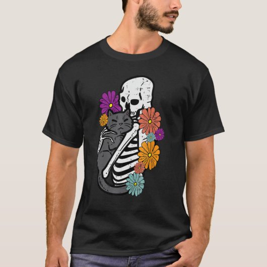 Skeleton Hugging Black Cat Flowers Halloween Women Tシャツ (正面)