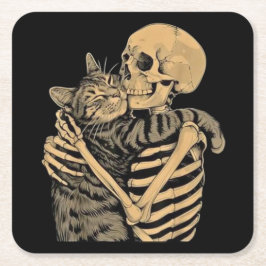 Skeleton Hugging Cat – Cute Gothic Cat Lover Gift スクエアペーパーコースター