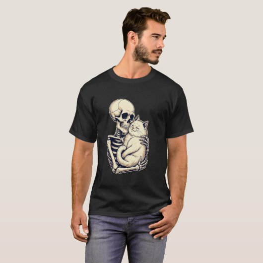 Skeleton Hugging Cat Cute Halloween Cat Lover Kitt Tシャツ (正面フル)