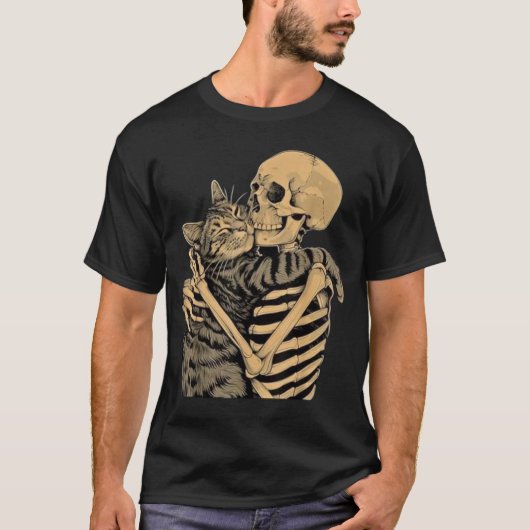 Skeleton Huging Cat – かわいいゴシック様式の猫好き Tシャツ (正面)