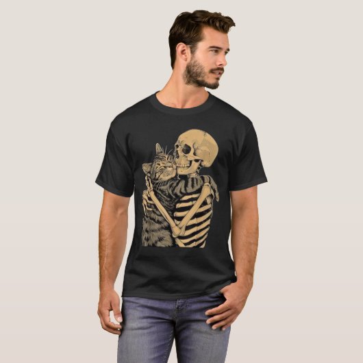 Skeleton Huging Cat – かわいいゴシック様式の猫好き Tシャツ (正面フル)