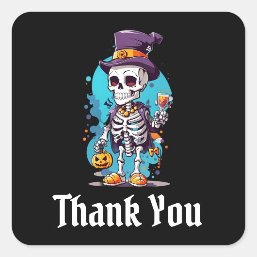 Skeleton in a top hat Halloween Thank You スクエアシール (正面)