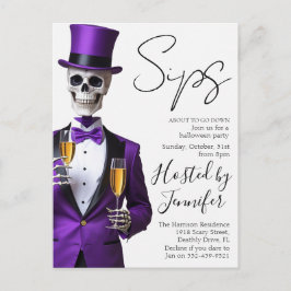 Skeleton in Purple Halloween Party Invite シーズンポストカード