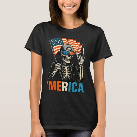 Skeleton Merica Rock American Flag Patriotic Usa 4 Tシャツ (正面)