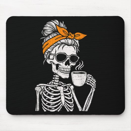 Skeleton Messy Bun Drinking Coffee Halloween Costu マウスパッド (正面)
