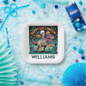 Skeleton on Mummy T-Rex – Spooky Dino Rider ペーパープレート (パーティー)