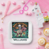 Skeleton on Mummy T-Rex – Spooky Dino Rider ペーパープレート (パーティー)