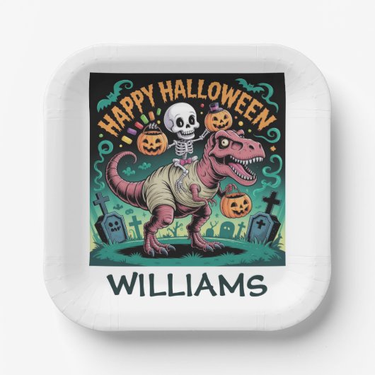 Skeleton on Mummy T-Rex – Spooky Dino Rider ペーパープレート (正面)