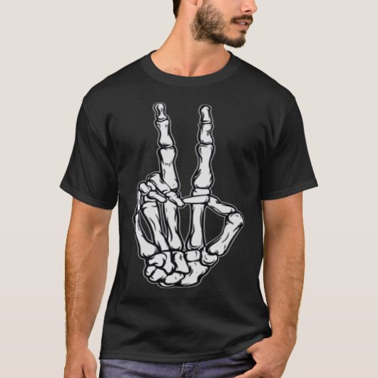 Skeleton Peace Sign Victory Hand Sign Pocket Tシャツ (正面)