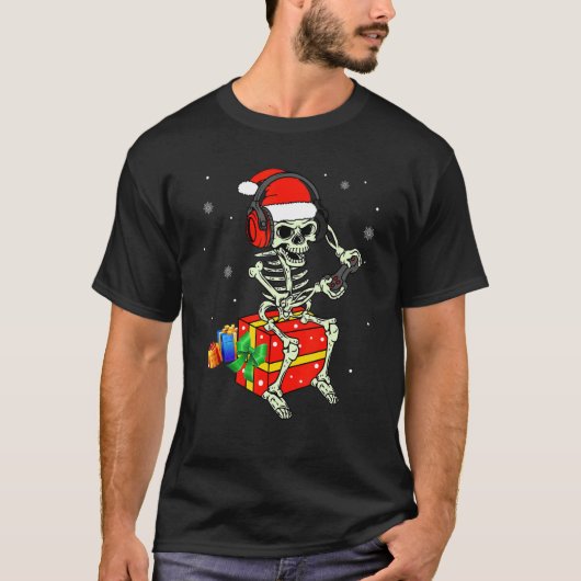 Skeleton Playing Game Christmas Pajaman For Men Bo Tシャツ (正面)