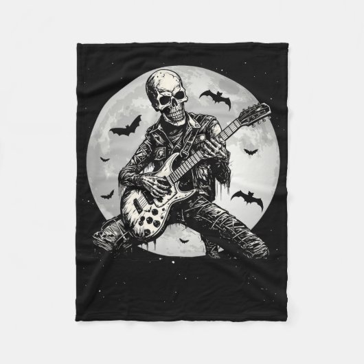 Skeleton Playing Guitar Punk Rock Music Halloween  フリースブランケット (正面)