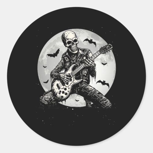 Skeleton Playing Guitar Punk Rock Music Halloween  ラウンドシール (正面)