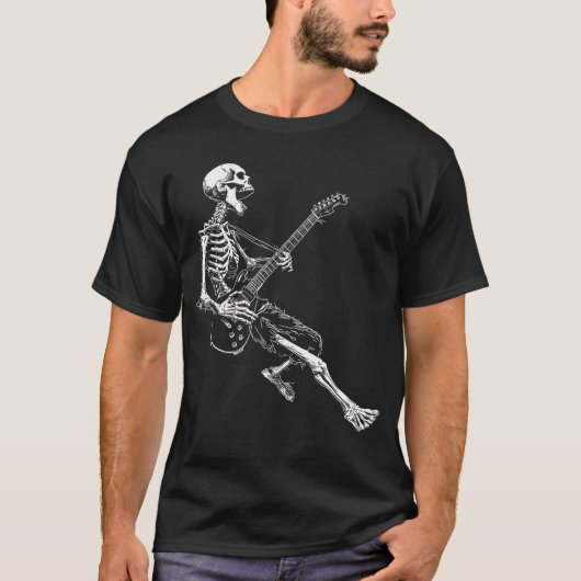 Skeleton playing Guitar Rock And Roll Rock On men  Tシャツ (正面)
